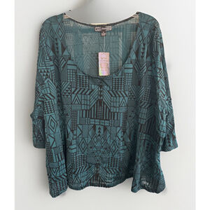 Lucy Diamonds 6X Black & Green Geometric Print Blouse Shirt